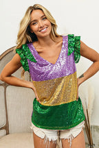 BiBi Womens Blouse Mardi Gras Sequin Color Block Ruffled Top Short Sleeve PURPLE MUSTARD GREEN 0fbf978e3d7f4259afaaf682108dcc5d-Max-Origin Trendsi