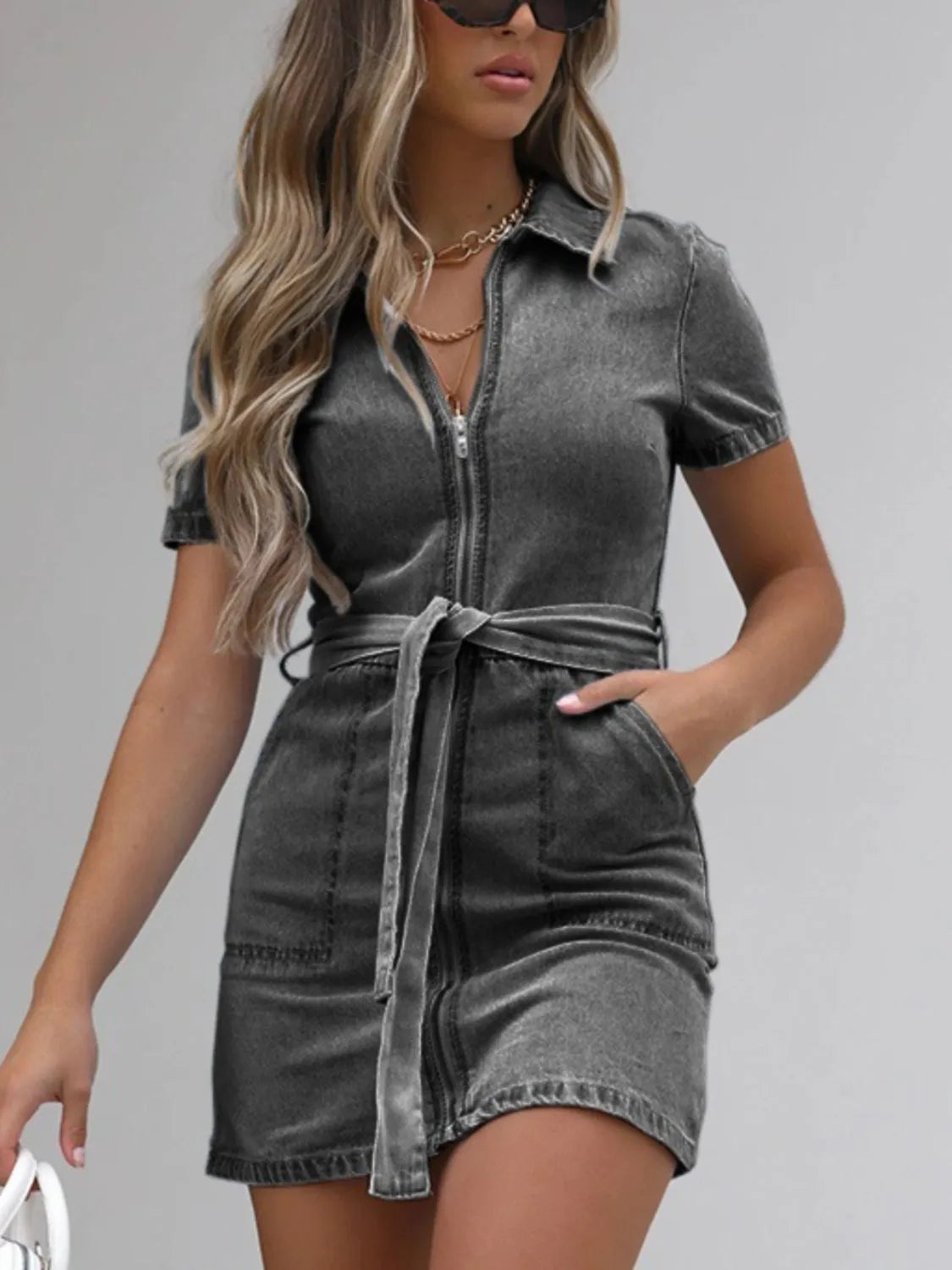 Denim Mini Dress Zip Front Short Sleeve Collared Belted with Pockets Dark Gray 0fc39b34-d4a8-4b85-890b-04827c0f2e86-Max-Origin Trendsi