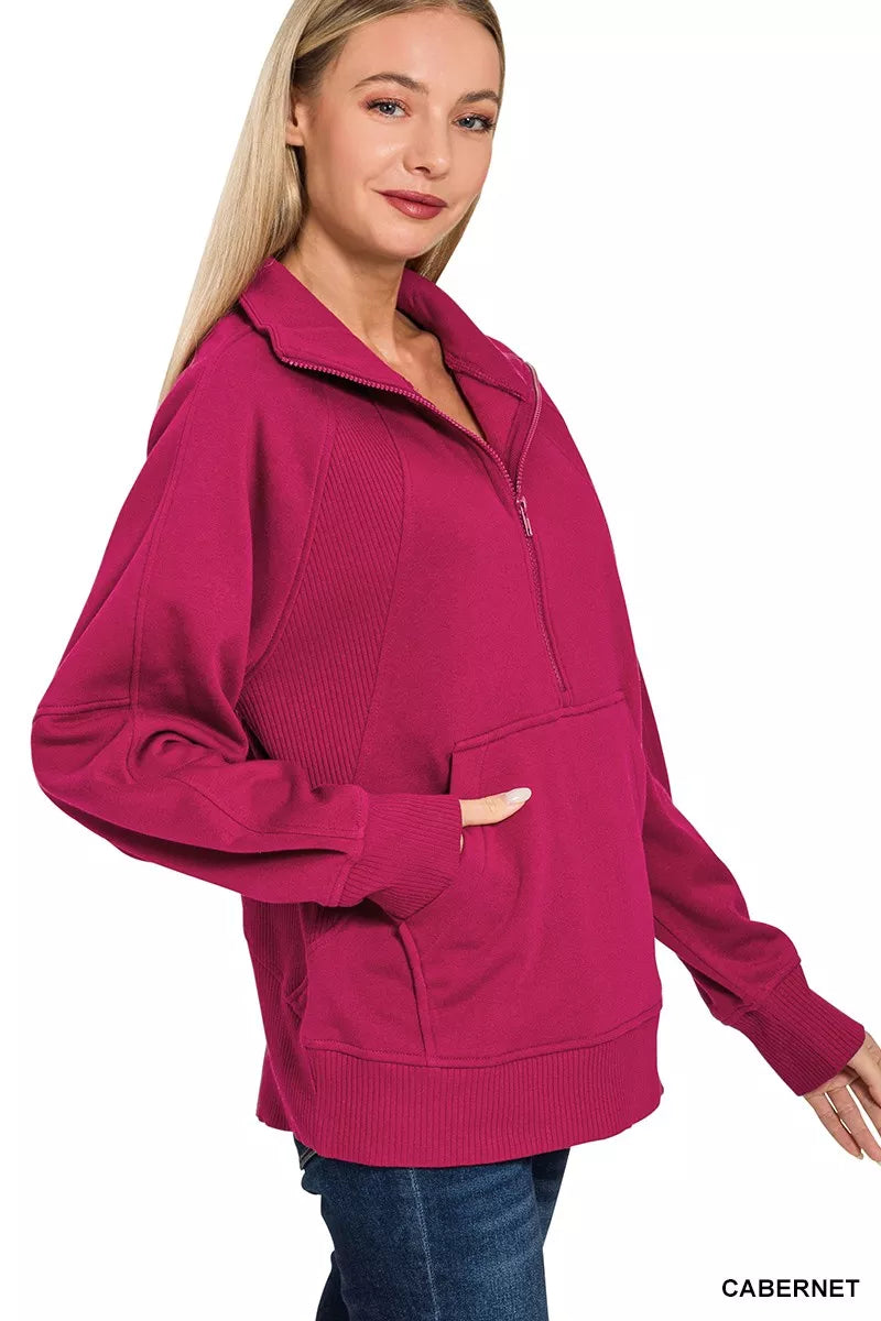 Zenana Half Zip Fleece Sweatshirt with Kangaroo Pocket 0fcc40f6f09a4b9cb6f9297c18a62678-Max-Origin Trendsi