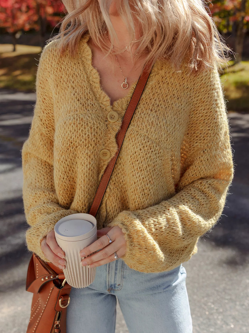 Women's Cardigan Camel Lantern Sleeve Scallop V Neck Buttoned Soft Acrylic Knit 0fcdba45f8bf47ada99e7b659ec4caf3-Max-Origin Trendsi