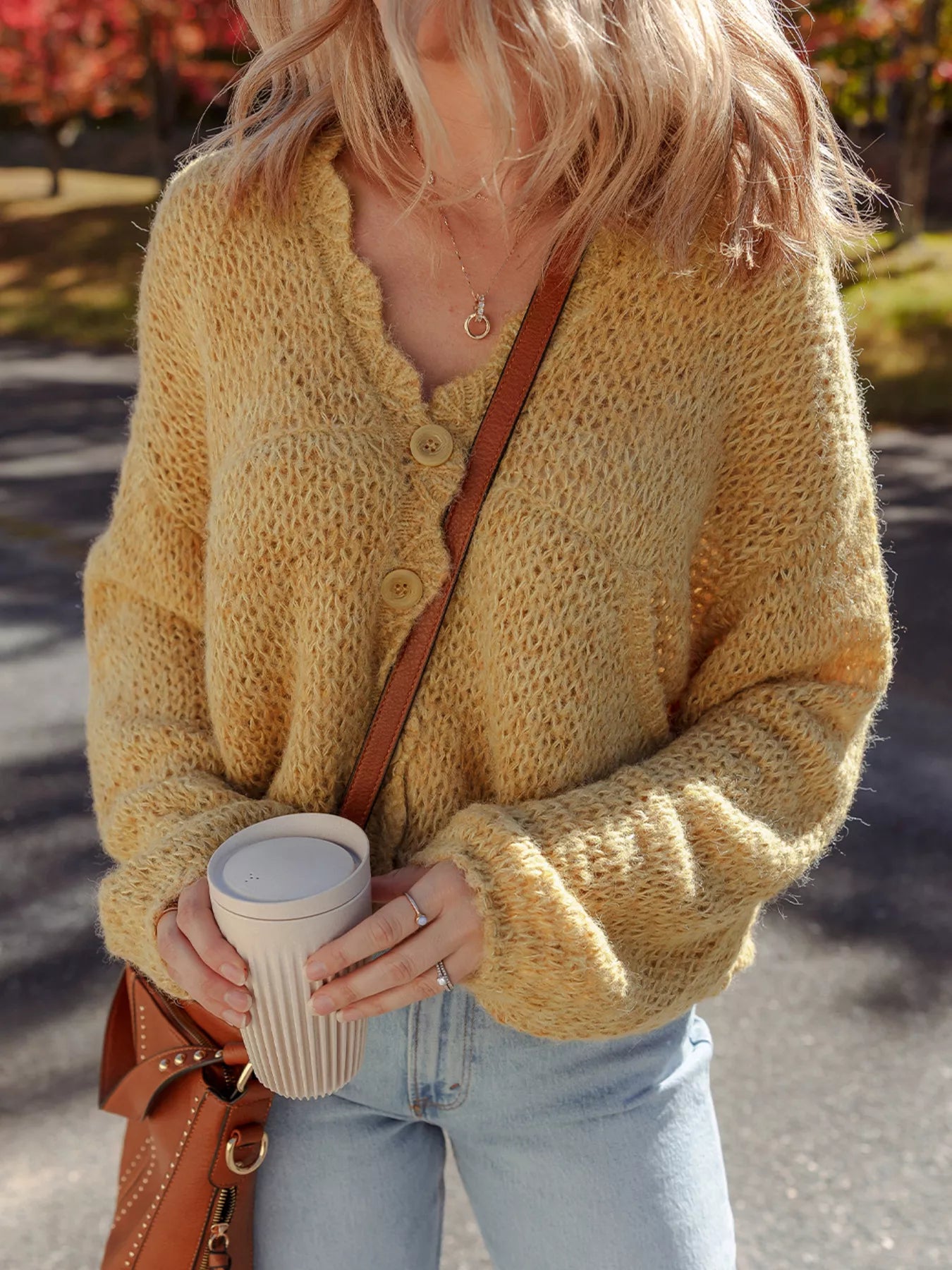 Women's Cardigan Camel Lantern Sleeve Scallop V Neck Buttoned Soft Acrylic Knit 0fcdba45f8bf47ada99e7b659ec4caf3-Max-Origin Trendsi