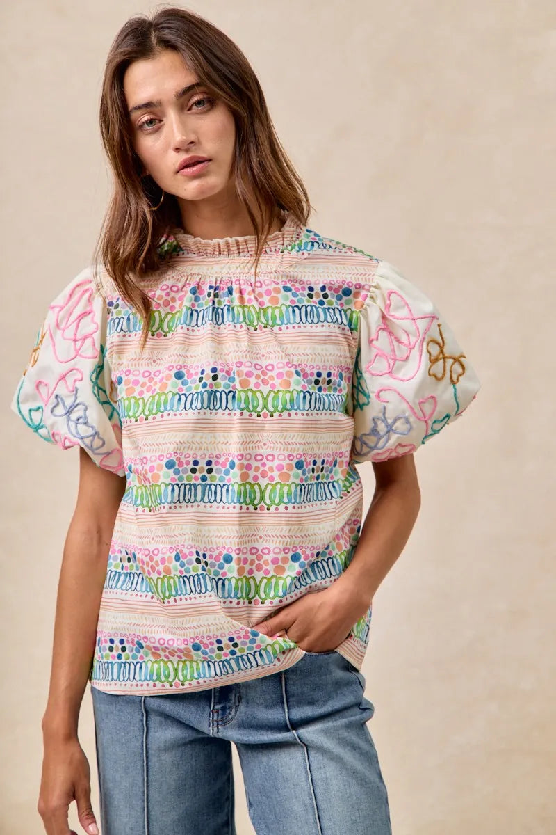 BiBi Blouse Multicolor Ruffle Neckline With Embroidery Bubble Short Sleeve Top 0fdab2de561544bea7c6c52bb9eb08d2-Max-Origin Trendsi