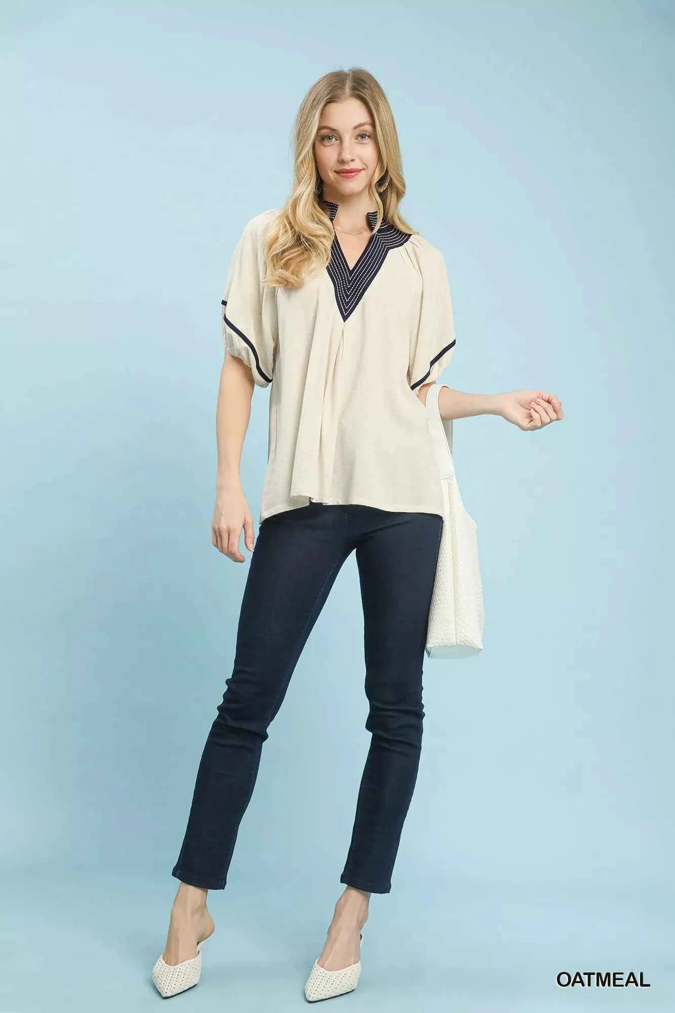 Umgee Linen Blouse Beige Puff Short Sleeve Contrast Trim Top 0fe752ed-6593-4483-b0c7-7474c580983f-Max-Origin Trendsi