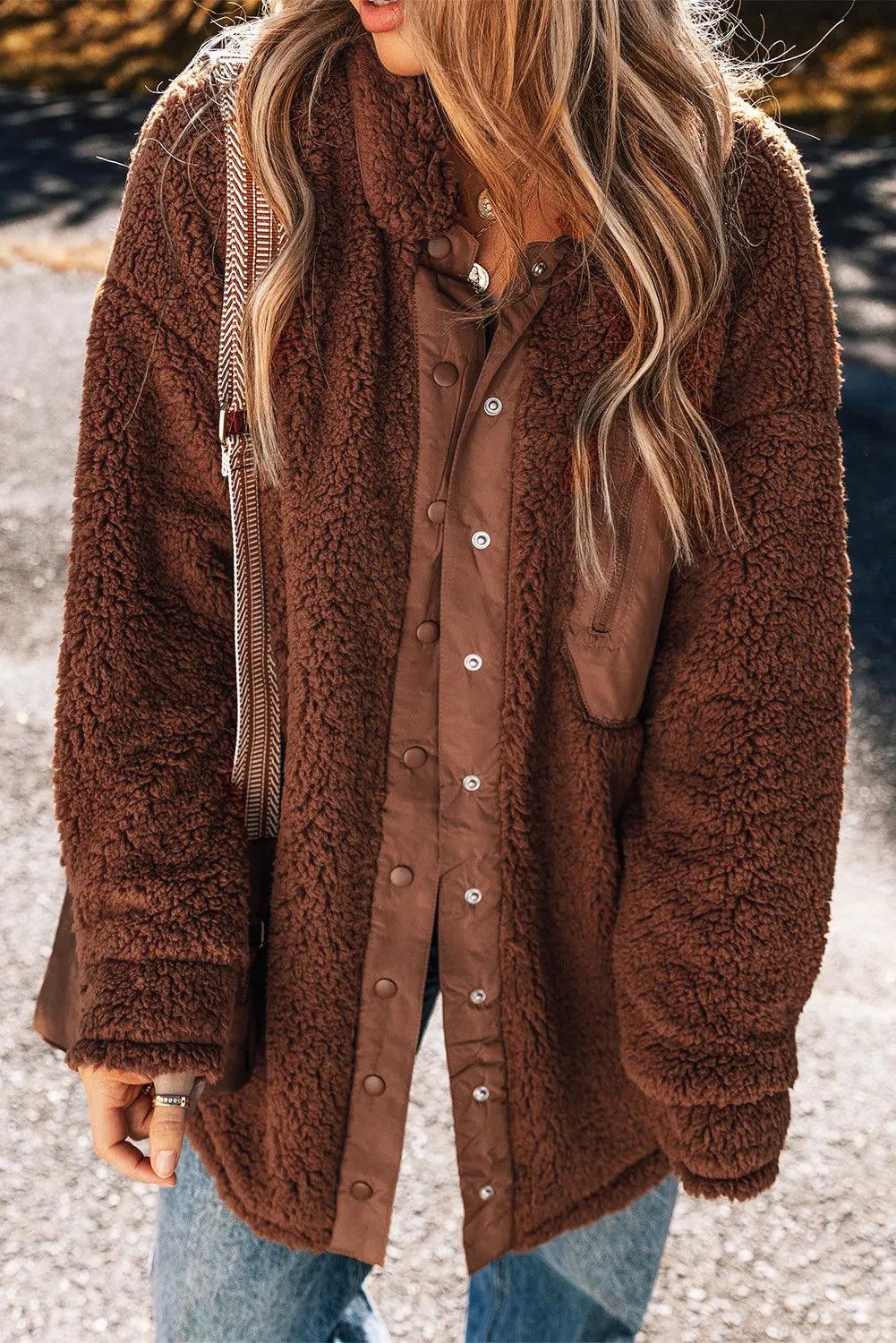 Fuzzy Jacket Snap Down Dropped Shoulder Long Sleeve Outwear