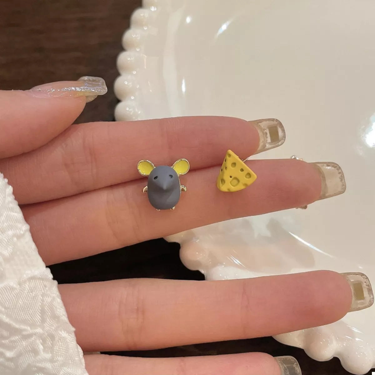 Stud Earrings Mouse & Cheese Cute Small Asymmetrical 18K Gold-Plated Jewelry 0fef348d-d679-41db-b95e-7658bba23aed-Max-Origin Trendsi