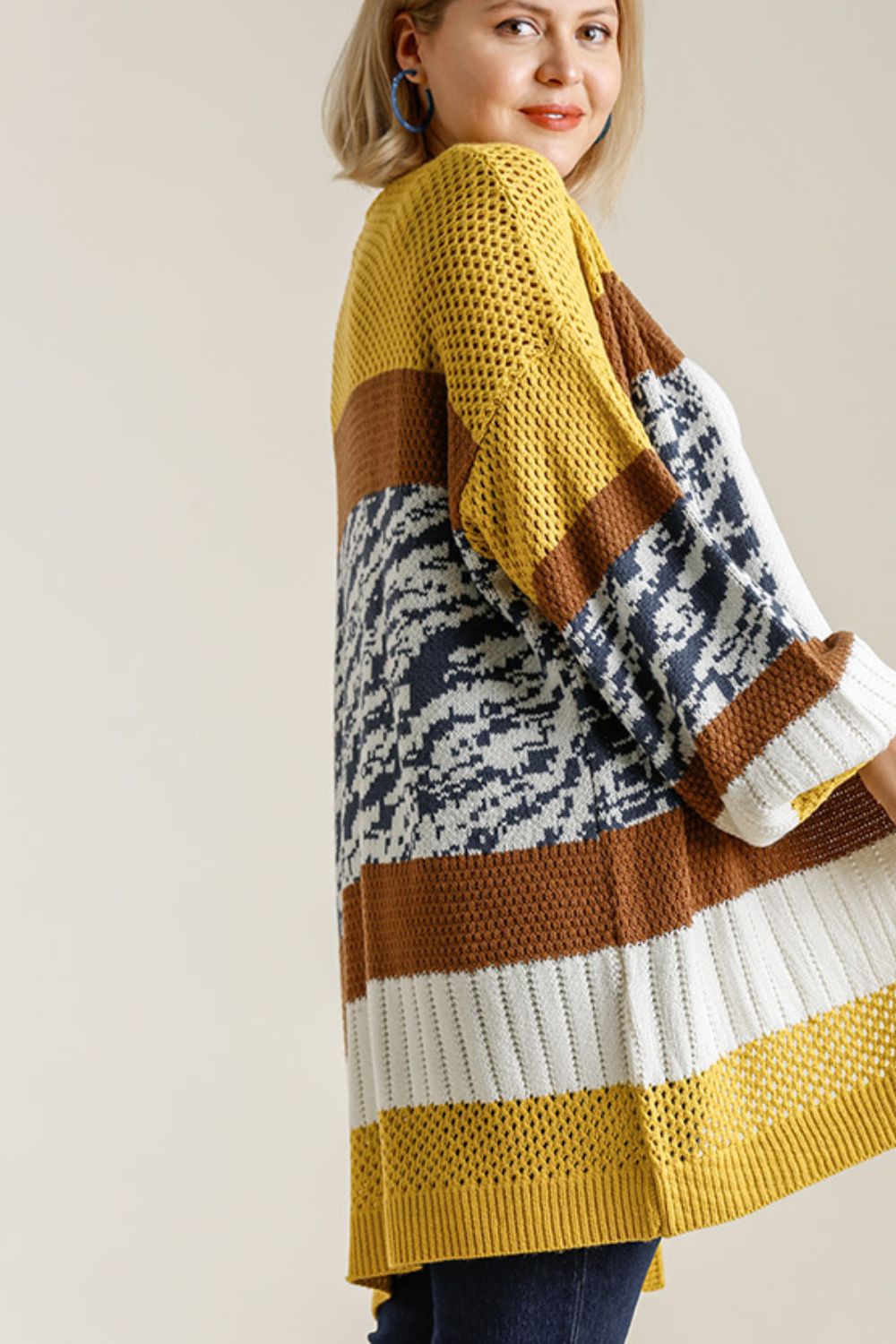 Umgee Cardigan Gold Brown Color Block Open Front Longline Knitwear 0ffed33c-ef22-46fb-a7d9-2f3c82581004-Max Trendsi