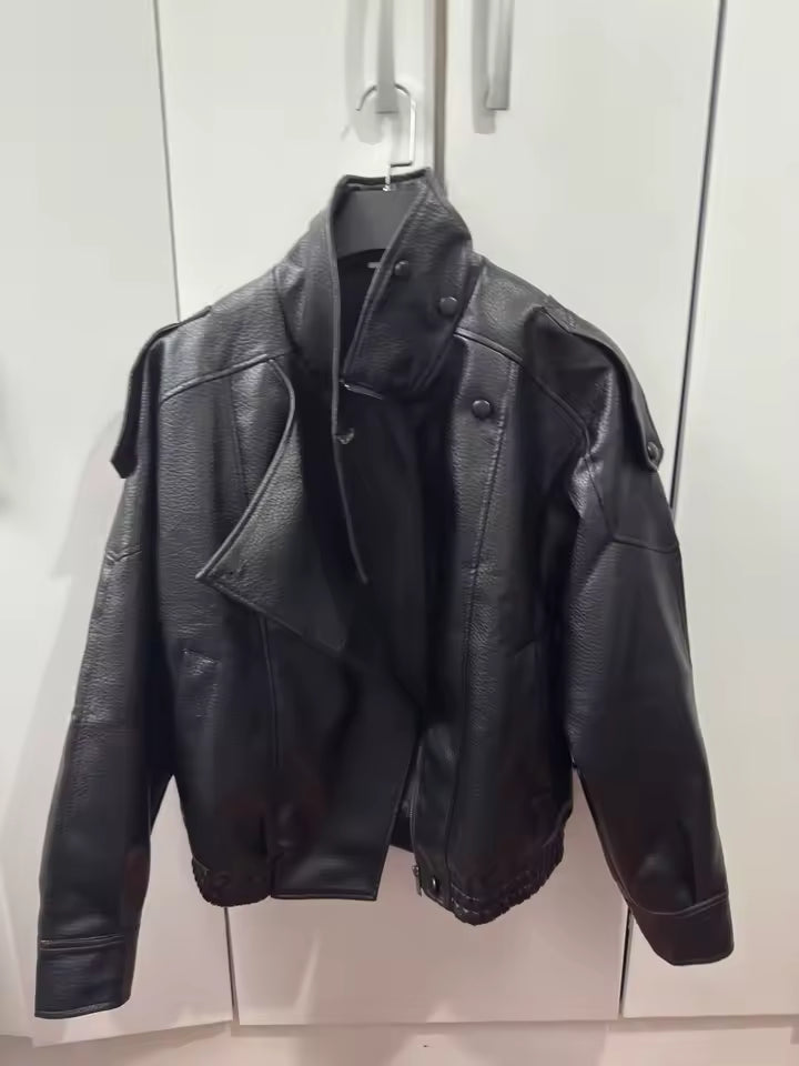 Women's Jacket Pebble Faux Leather Full-Sleeve Moto-Style Zipper Casual Coat