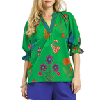 Umgee Blouse Green Floral V-Neck Split Stripe Contrast Puff Short Sleeve Boho Top