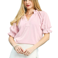 Umgee Blouse Textured V-Neck Pink Ruffle Short Puff Sleeve Casual Top