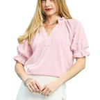 Umgee Blouse Textured V-Neck Pink Ruffle Short Puff Sleeve Casual Top