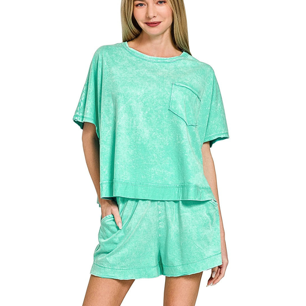Zenana Oversized Top & Shorts Set Mint Acid Washed Cotton Casual Lounge Set