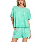 Zenana Oversized Top & Shorts Set Mint Acid Washed Cotton Casual Lounge Set