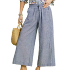 Umgee Linen Cotton Pants Striped Blue Wide Leg Drawstring Waist Trousers