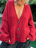 Women Cardigan Soft Acrylic Pocketed V-Neck Loose Button Up Long Sleeve Deep Red 10029533-1951-4fdf-9be1-fd6a0058839c-Max Trendsi