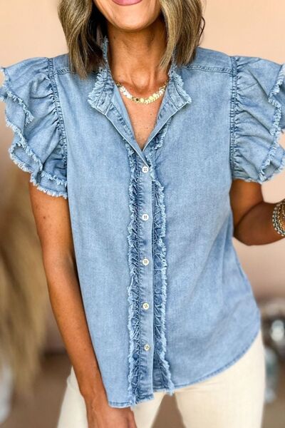 Ruffled Denim Shirt Women's Light Blue Raw Hem Short Sleeve Cotton Top 10063203-2e2f-4bc5-9073-be959156f823-Min Trendsi
