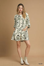 Umgee Mini Dress Boho Olive Printed Balloon 3/4 Sleeve 100e87e9-1d1b-4db1-89ea-34b6f67eff04-Max-Origin Trendsi