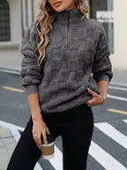 Womens Sweatshirt Cozy Checkered Fleece Dark Gray Quarter Zip Top 102bf490f22847798bcf7c45dabe2a77-Max-Origin Trendsi