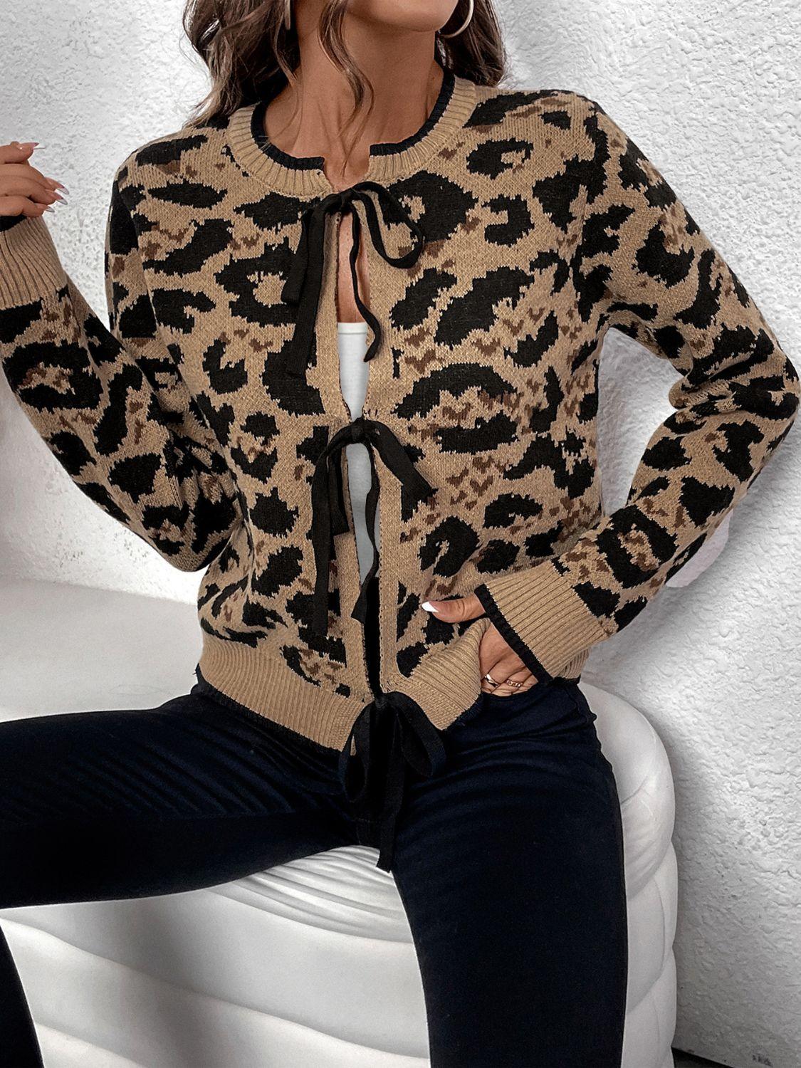 Leopard Cardigan Perfee Bow Tied Closure Long Sleeve Knitwear 10467c84-5d13-436b-9323-304fbfab89ca-Max Trendsi