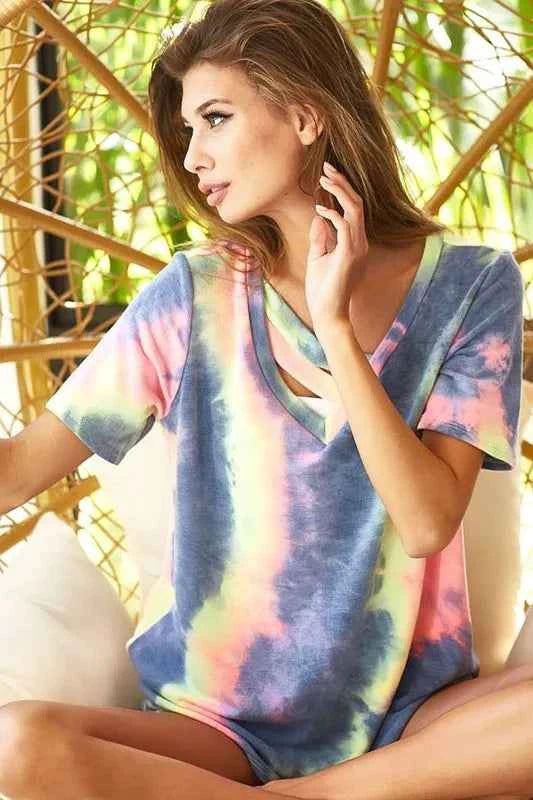BiBi Tie Dye Women T-shirt Terry V Neck Top With Double Strap Top 1050b9a1bec9463995fedb882ce40687-Max-Origin Trendsi