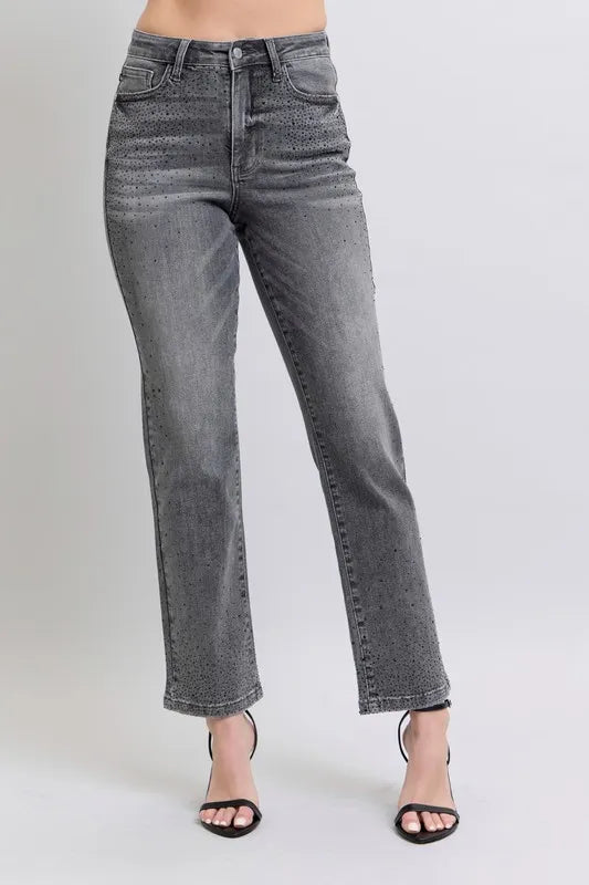 Judy Blue Gray Jeans High Waist Rhinestone Straight Pants GRY 1051ff8ecf894e0ab78f089d1f828059-Max-Origin Trendsi