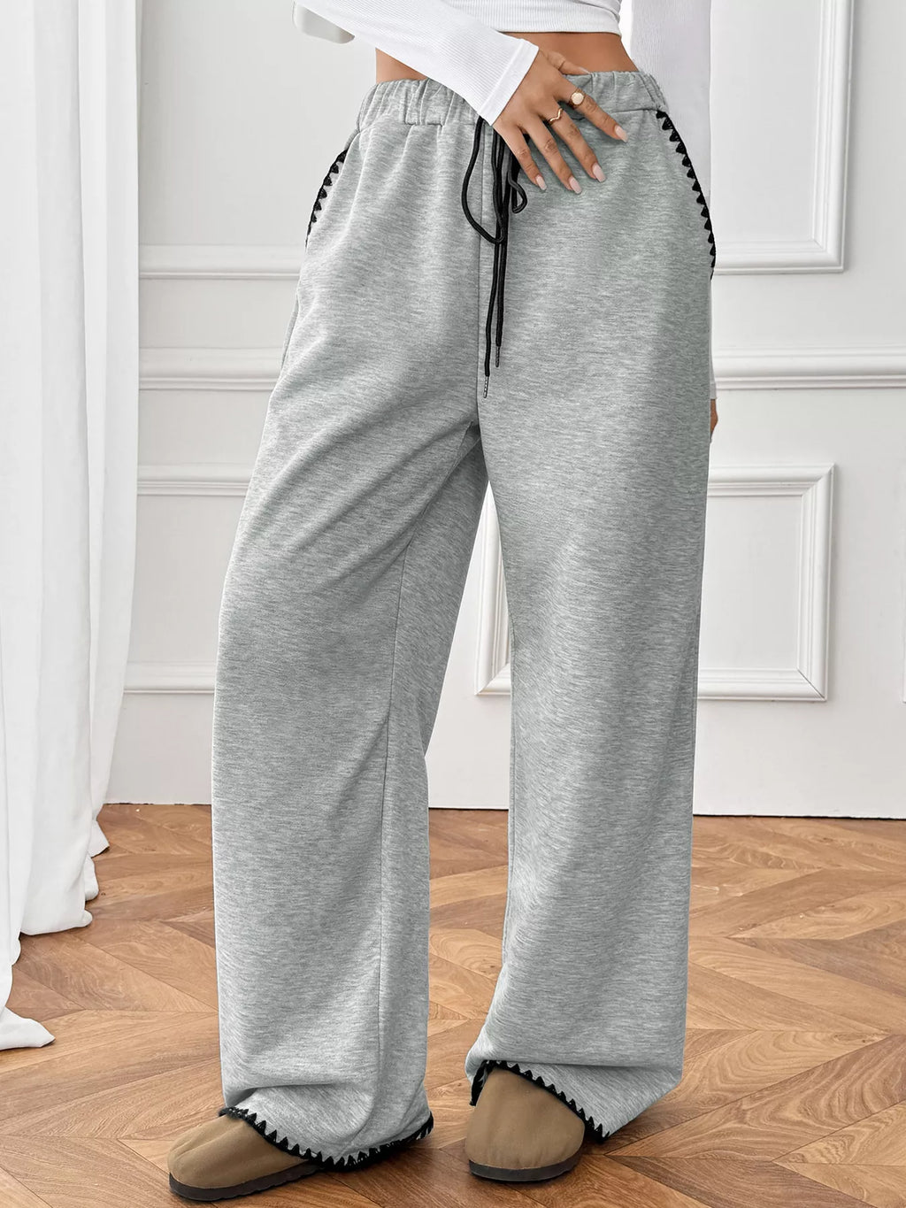 Women's Pants Cotton Gray Wide-Leg Drawstring Pocketed with Trim Joggers 105439f1b810456c8cbc84d0e5c2ae7a-Max-Origin Trendsi