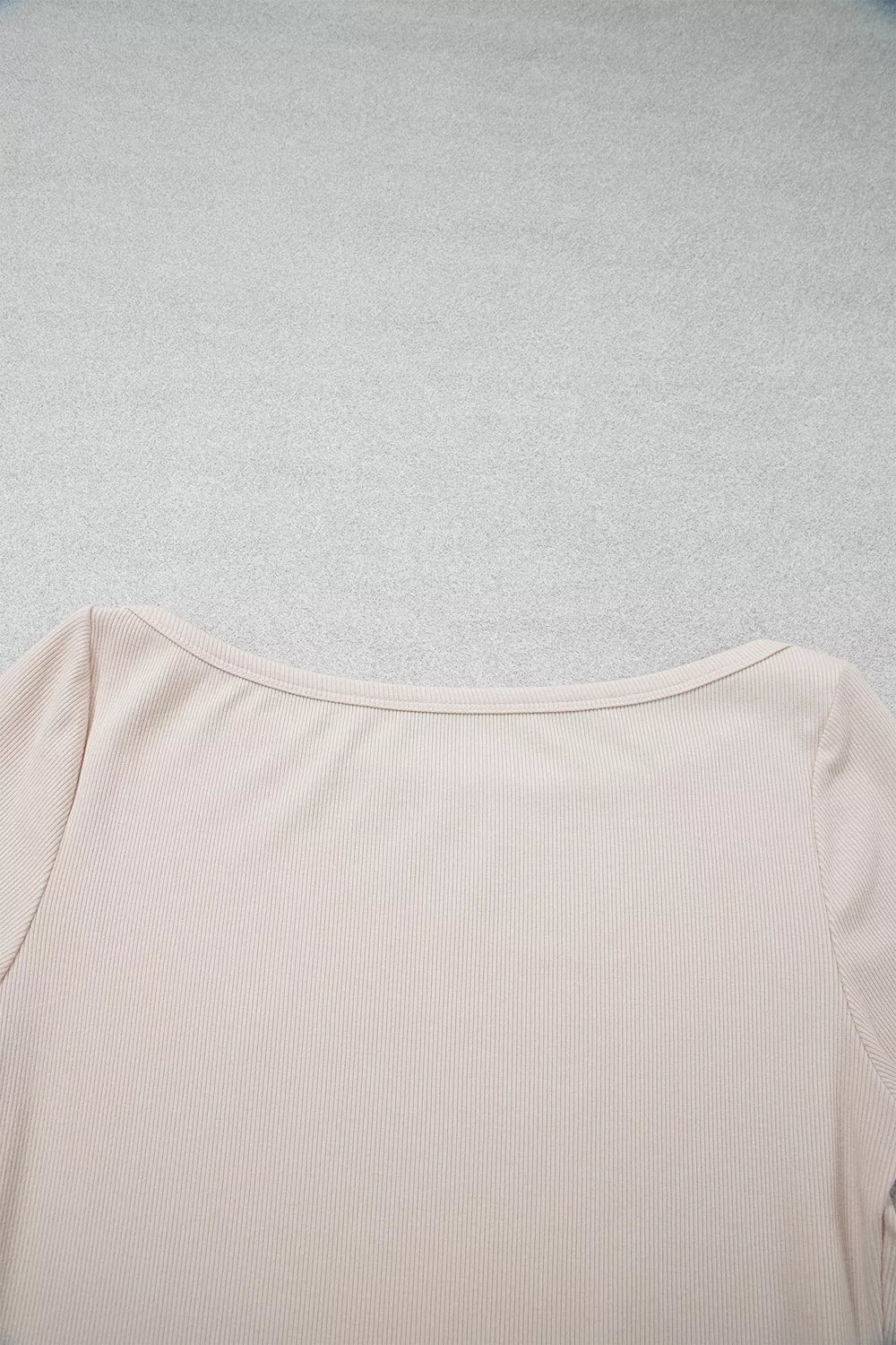 Rear upper bodice view highlighting smooth boat neck curve and shoulder seams