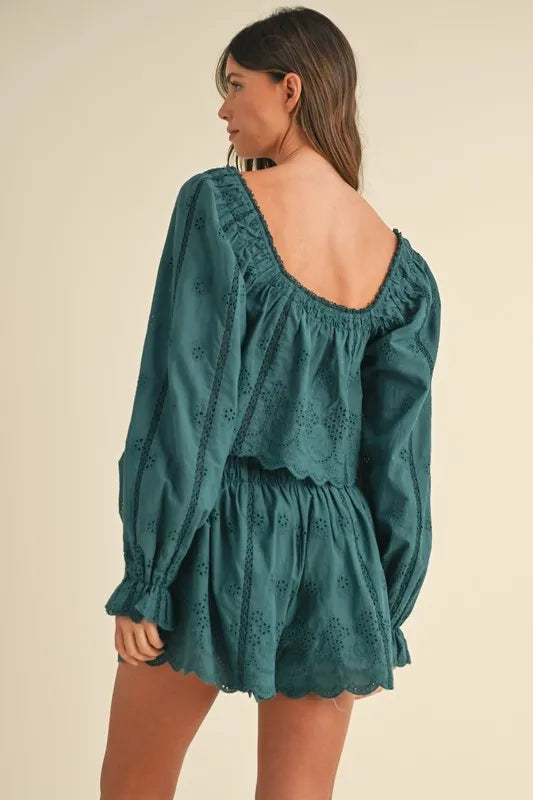 MABLE Outfit Set Embroidered Lace Teal Green Scalloped Long Sleeve Top and Short 105dfe7f7c74466aa8199595d883ca7f-Max-Origin Trendsi
