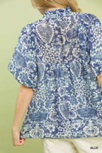 Umgee Blouse Blue Abstract Print Ruffled Puff Short Sleeve Top 105f4e74-d00c-4fa4-87c0-3215690f69c3-Max-Origin Trendsi