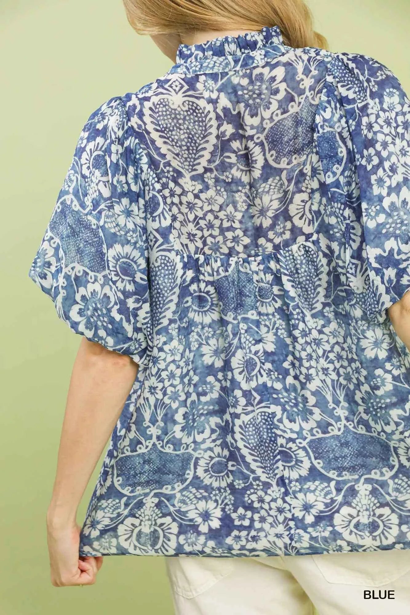 Umgee Blouse Blue Abstract Print Ruffled Puff Short Sleeve Top 105f4e74-d00c-4fa4-87c0-3215690f69c3-Max-Origin Trendsi
