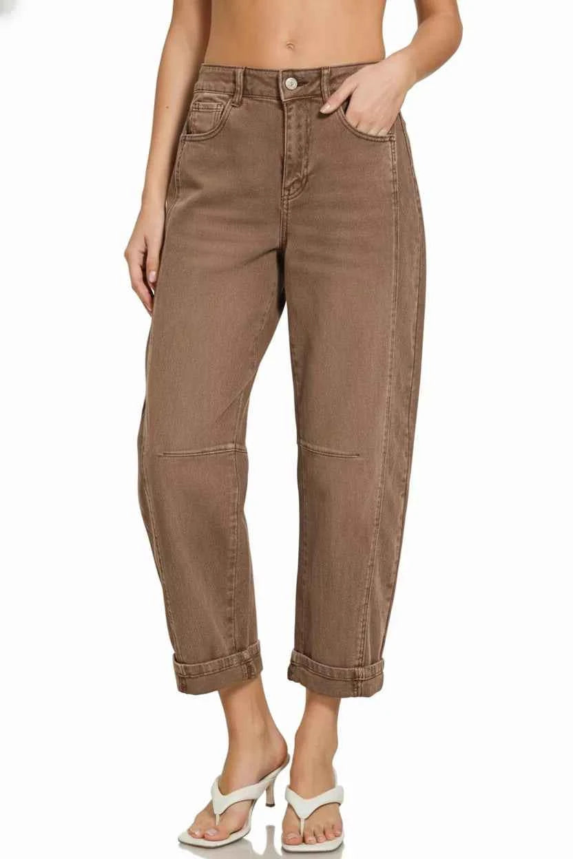 Zenana High Rise Barrel-Leg Cropped Jeans