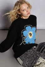 POL Black Sweater Floral Pattern Round Neck with Exposed Stitching Pullover 1076007b-eef6-45f9-896b-97c5e5335e53-Max-Origin Trendsi