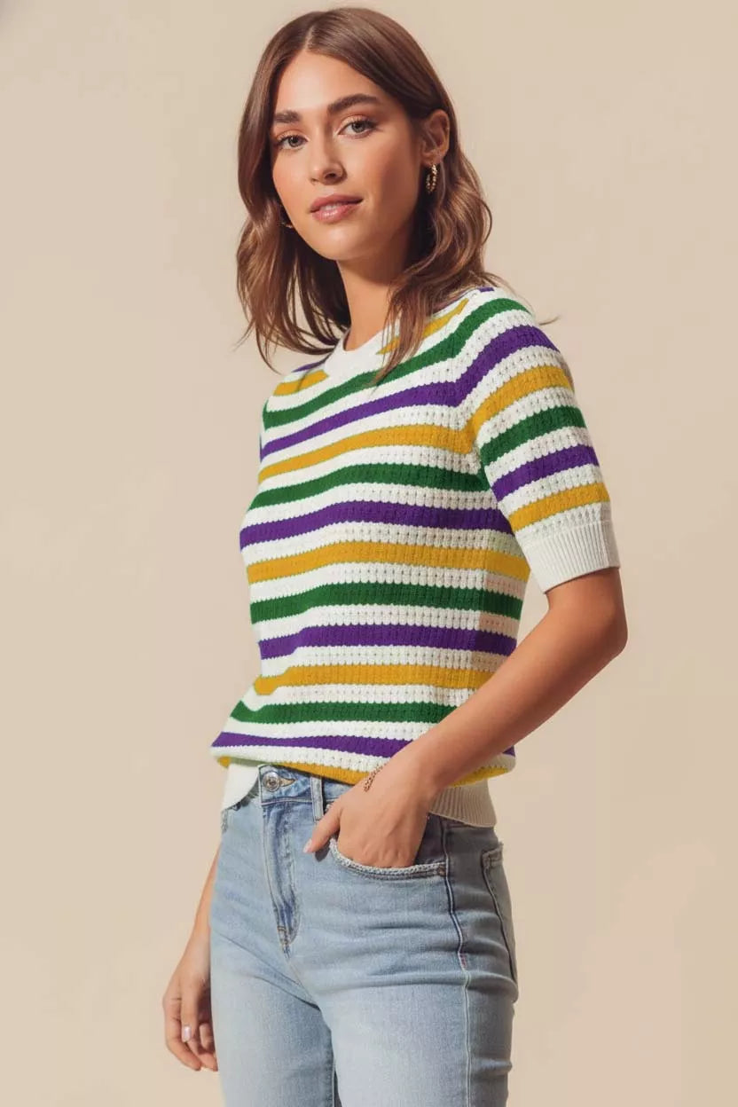 SO ME Mardi Gras Crew Neck Stripe Breathable Sweater 107e7e7c-c49f-402a-93bf-5feee863a9ee-Max-Origin Trendsi