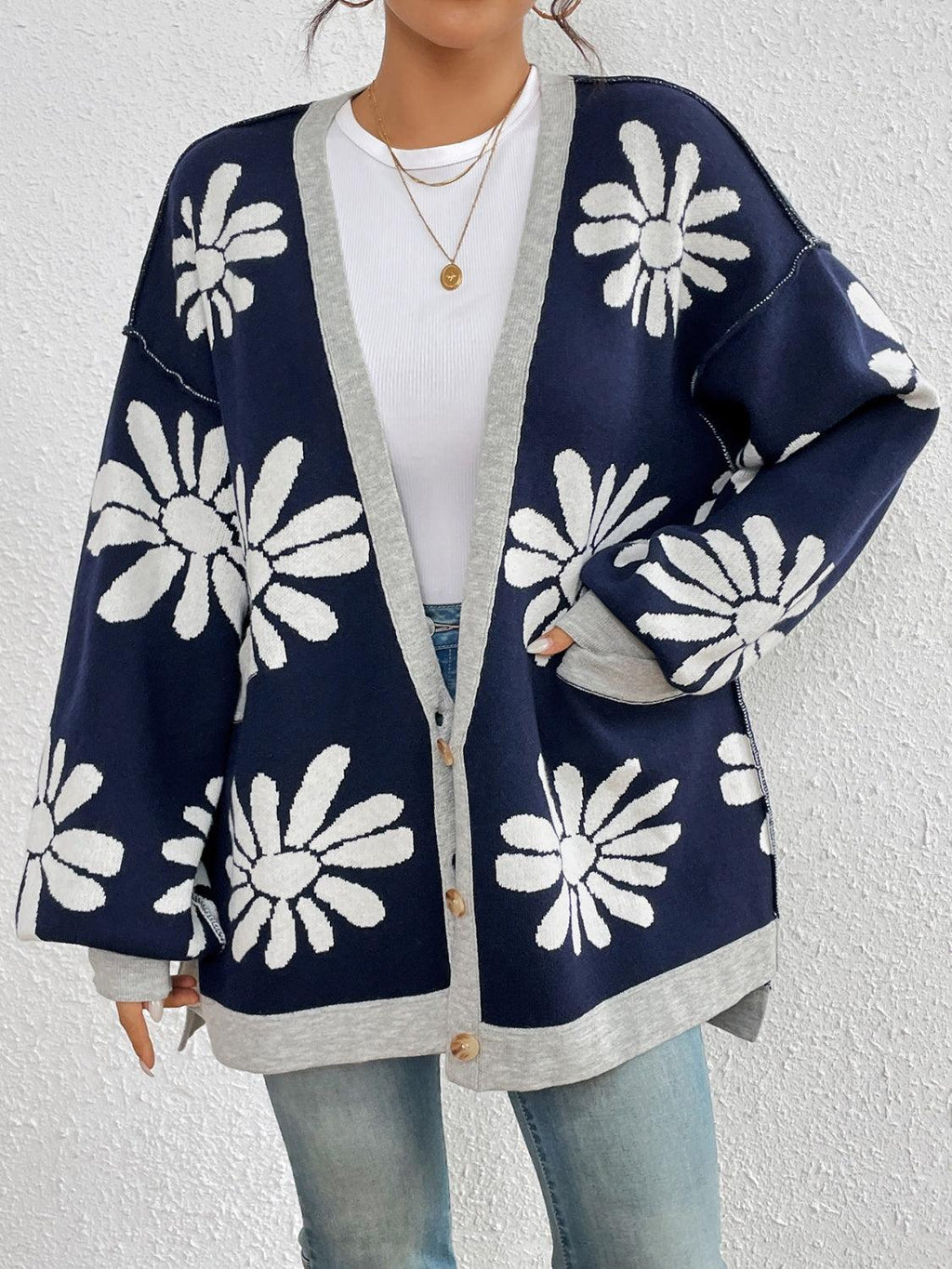 Cardigan Floral Contrast Dropped Shoulder Long Sleeve Knitwear 1088ab8c-68cf-4661-af2b-b0b1e204fea0-Max Trendsi