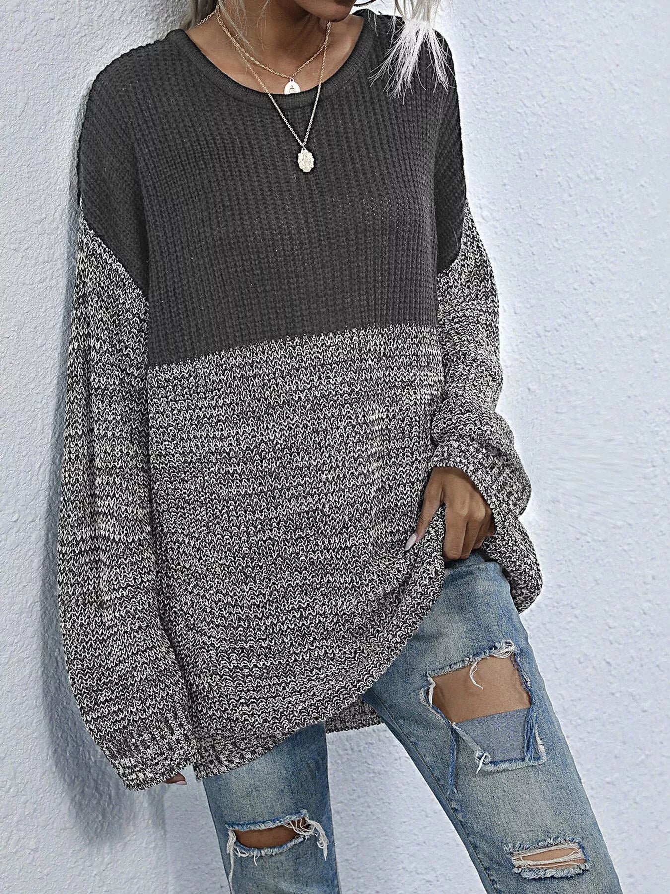 Women's Oversized Sweater Color Block Long Sleeve Knitwear Dark Gray 108d7ce4-5951-4ecb-9963-922d88cf6306-Max-Origin Trendsi