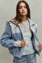 SO ME Women Jacket Faux Fur Sherpa Blue Pull with Floral Ruffle Contrast Zipper 108e4d17f5794ac595f637c521debfc8-Max-Origin Trendsi