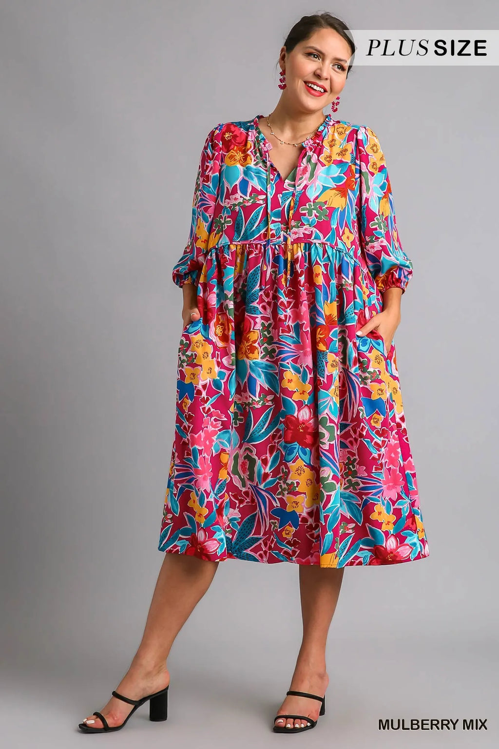 Umgee Midi Dress Floral Mulberry Mix Print Tie Neck with Pockets 3/4 Sleeve 109038b4-55d7-48a8-af98-ea73943282a3-Max-Origin Trendsi