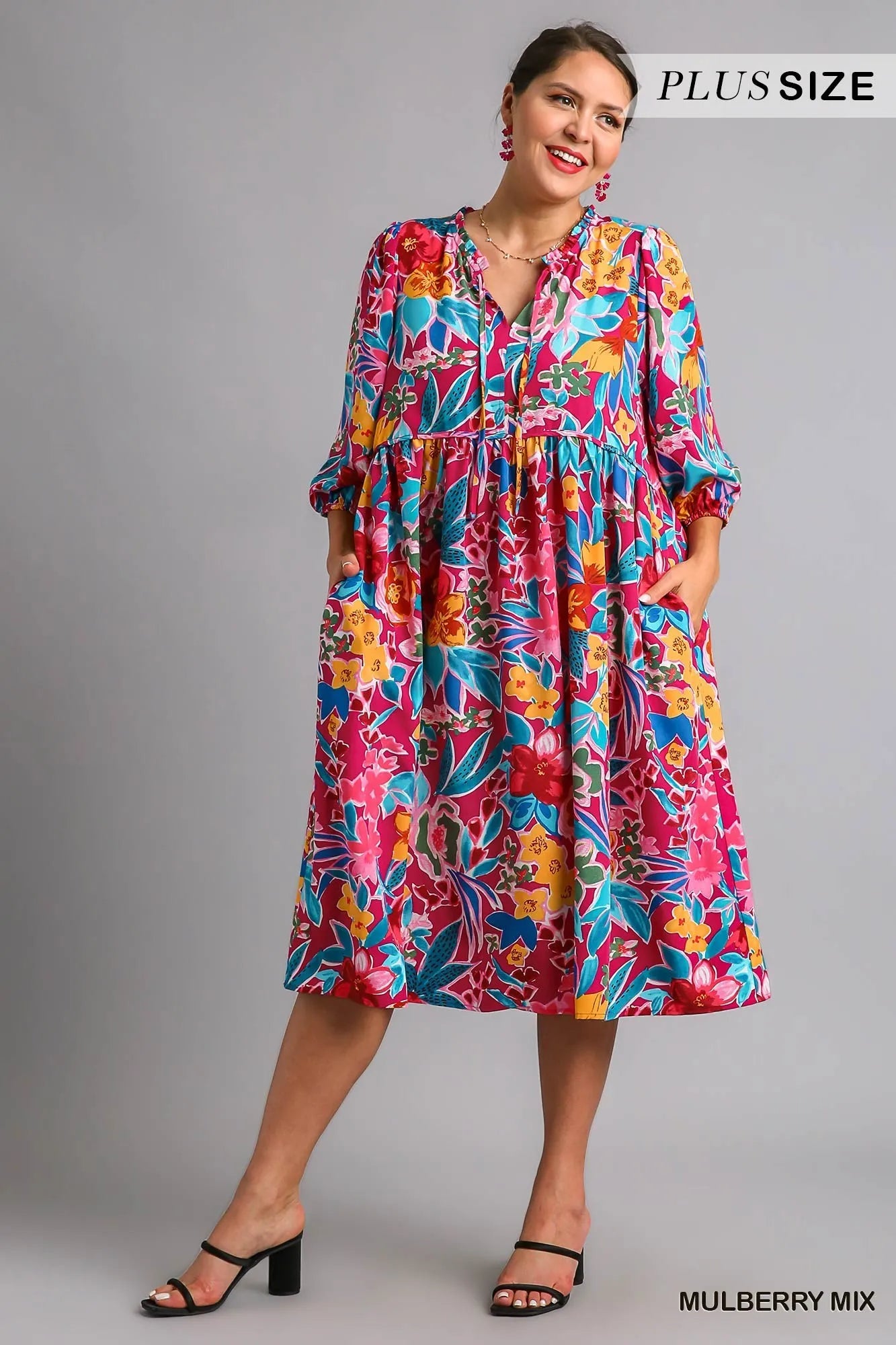 Umgee Midi Dress Floral Mulberry Mix Print Tie Neck with Pockets 3/4 Sleeve 109038b4-55d7-48a8-af98-ea73943282a3-Max-Origin Trendsi