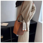 Women's Bucket Bag Small Coffee Brown PU Leather Two-Tone Casual Crossbody
