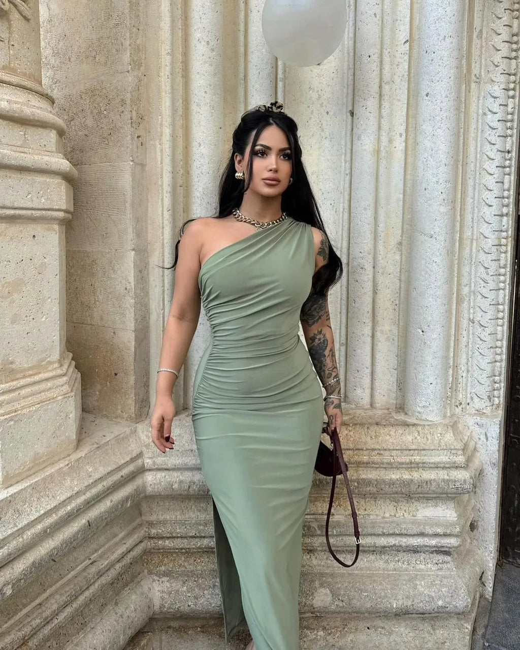 Bodycon Midi Dress One-Shoulder Ruched Side Slit Slimming Party Dresses