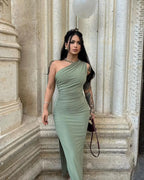 Bodycon Midi Dress One-Shoulder Ruched Side Slit Slimming Party Dresses