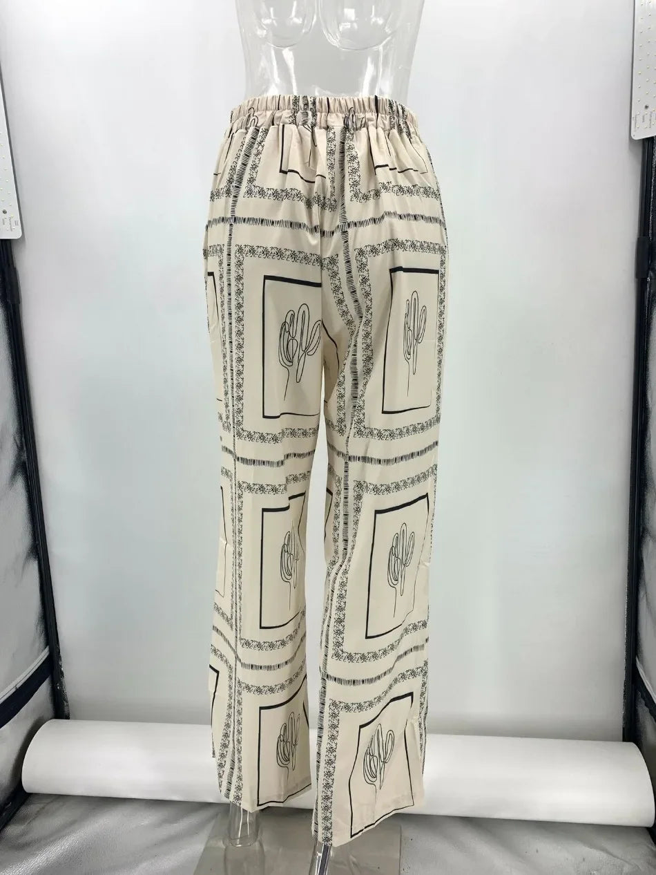 Women's Casual Fashion Outfit Set Cactus Print Long Sleeve Shirt Wide Leg Pants