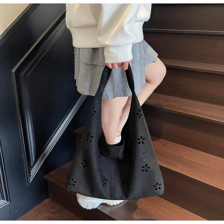 Women's Suede Shoulder Bag Floral Cutout Large Casual Handbags 2 in 1 Purses