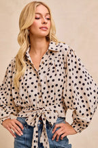 BiBi Womens Crop Shirt Polka Dot Print Tie Hem Detail Long Sleeve Top 10a09b0a60864ea69aea4884b9c0cb9b-Max-Origin Trendsi