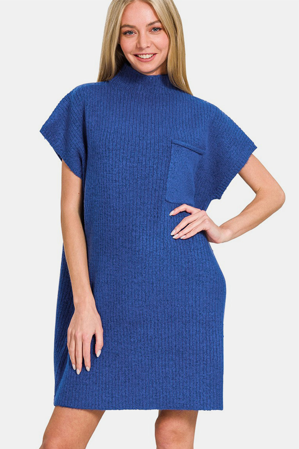 Zenana Sweater Mini Dress Short Sleeve Navy Blue Knit Front Pocketed Navy 10a0ca40-0ac4-473c-98bd-57492e2a8c26-Max Trendsi