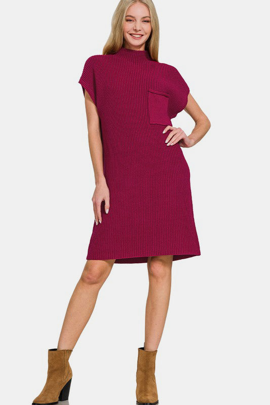 Zenana Sweater Mini Dress Knit Short Sleeve Cabernet High Neck Patch Pocket