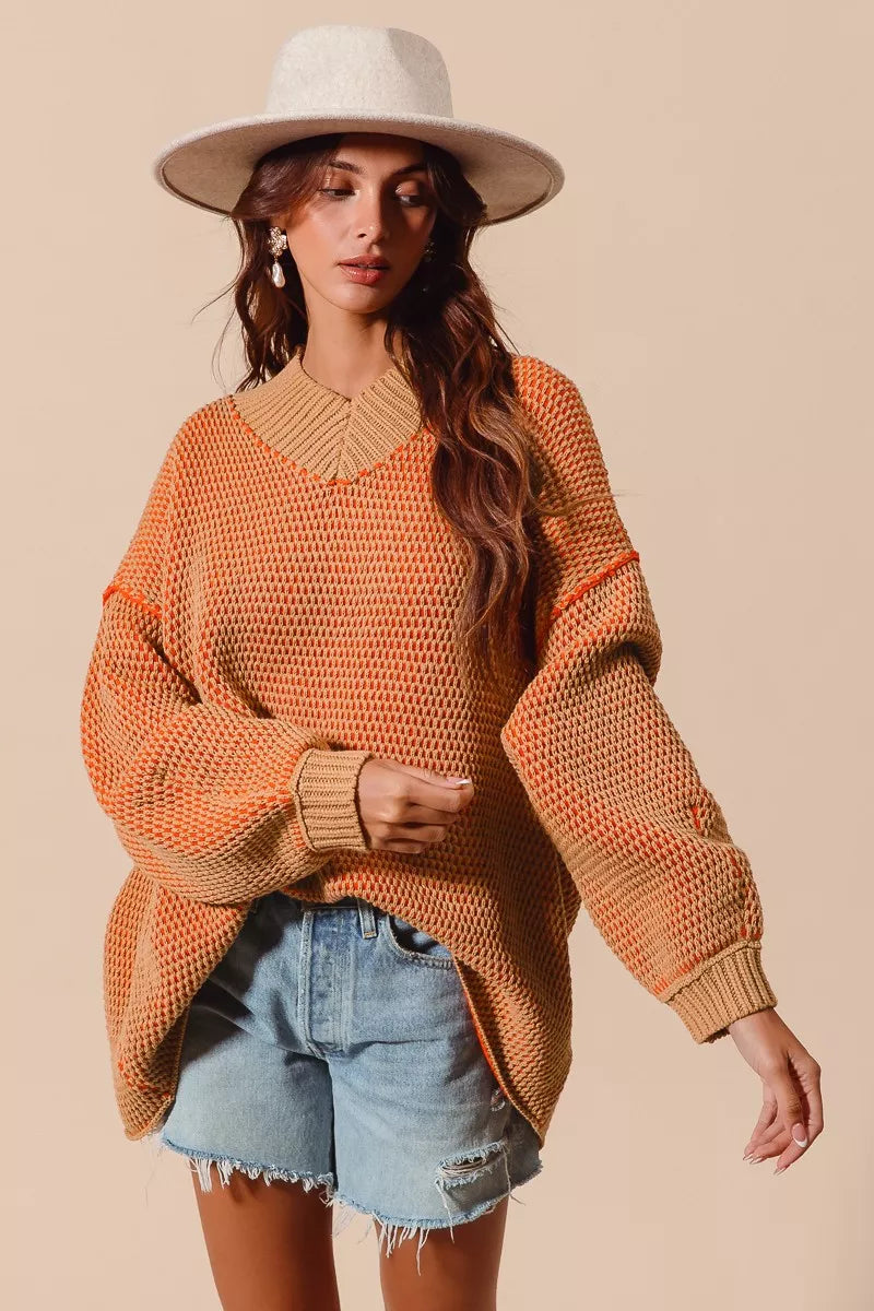 SO ME Womens Sweater Oversized V Neck Camel Orange Two Tone Textured 10b20843844f4b3385a0611686b27578-Max-Origin Trendsi