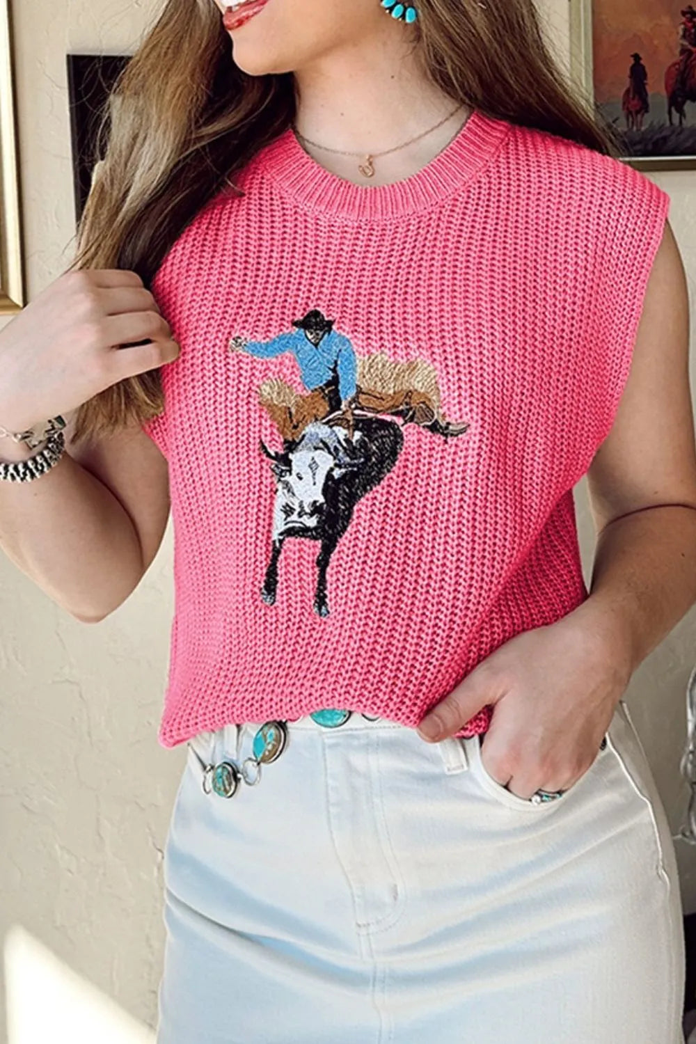 Knit Top Bull Graphic Pink Round Neck Sweater Vest Sleeveless 10b4640c-a126-4277-be16-e99ba840806a-Max-Origin Trendsi
