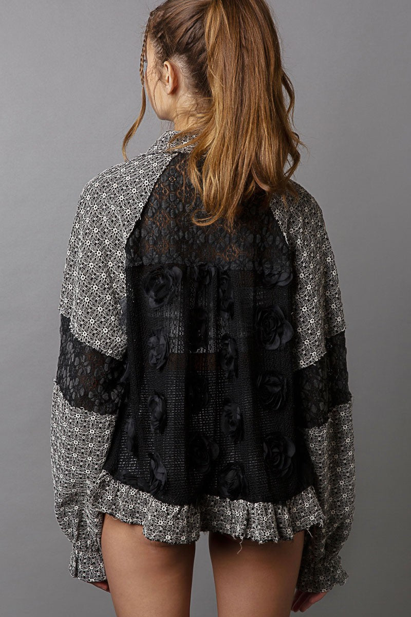 POL Shirt Black Eyelet Flower Pearl Detail Lace Patchwork Ruffled Pocketed 10b54300-4587-4f7c-befd-34ffc5f383d1-Max Trendsi