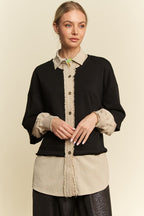 Davi & Dani USA Shirt Faux Layered French Terry Black Contrast Ribbed Top 10c1440a-4aba-4177-9055-c3872b0f788e-Max Trendsi