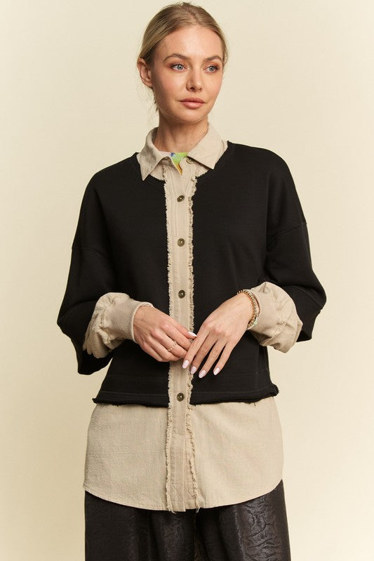 Davi & Dani USA Shirt Faux Layered French Terry Black Contrast Ribbed Top 10c1440a-4aba-4177-9055-c3872b0f788e-Max Trendsi
